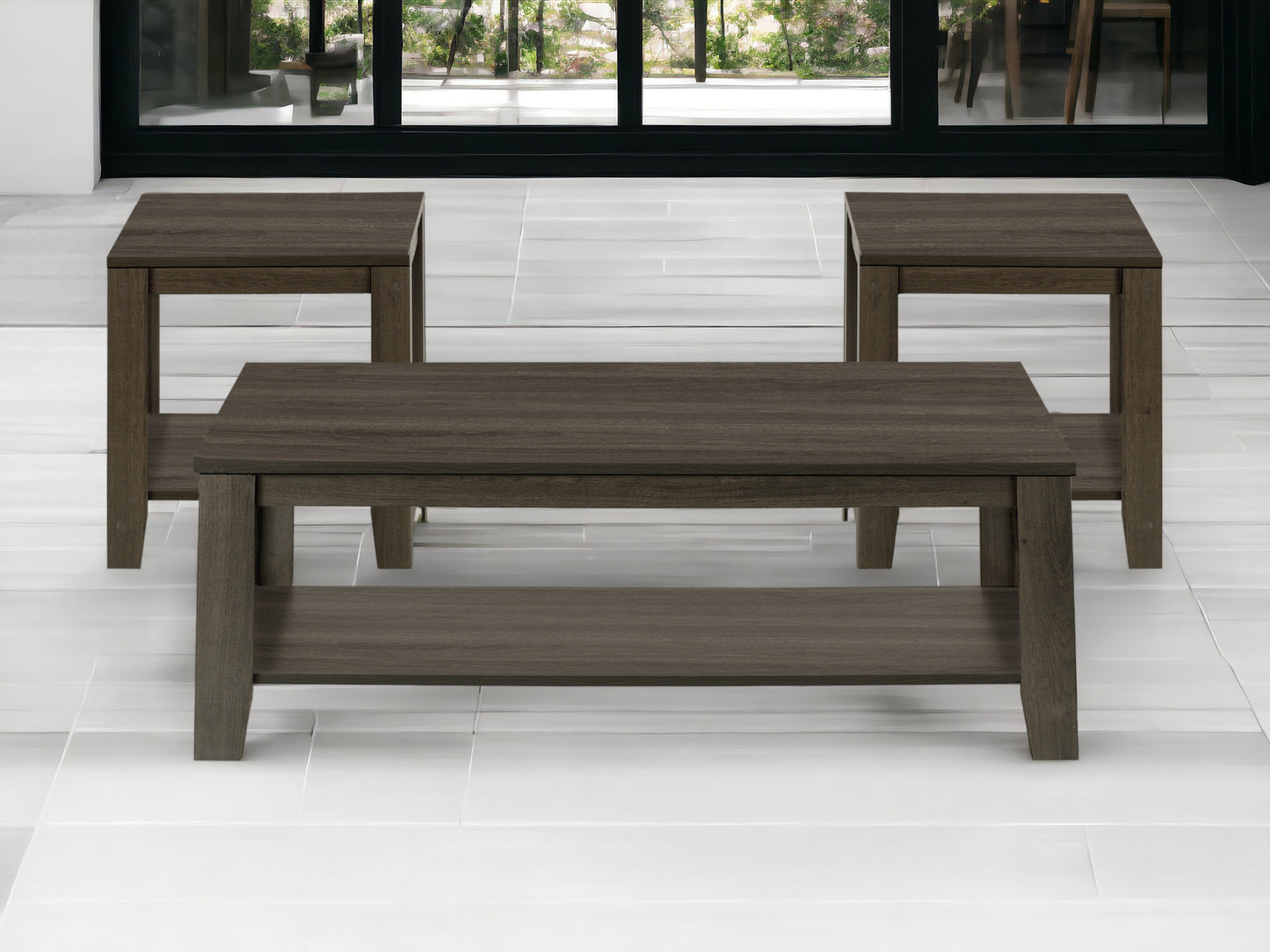 Set Of Three 42" Oak Rectangular Coffee Table With Three Shelves