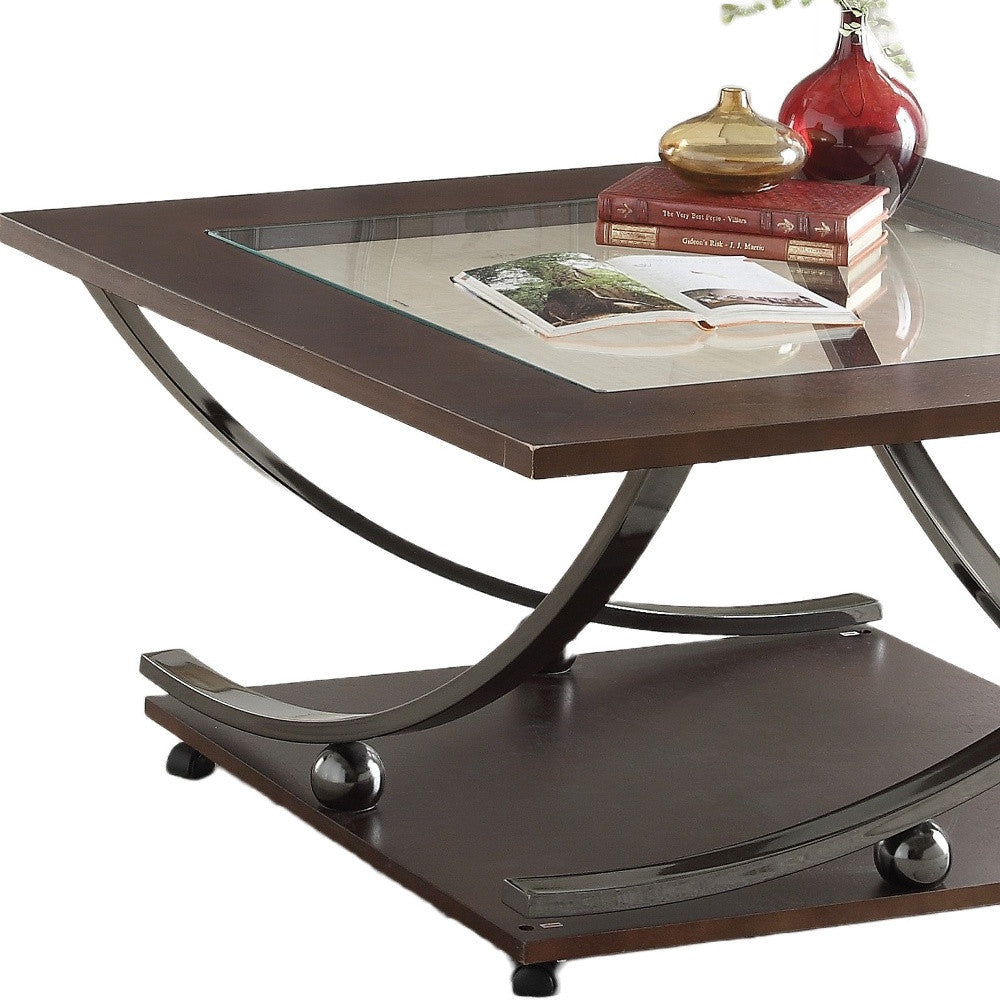 36" Black Nickel And Clear Glass Square Coffee Table With Shelf