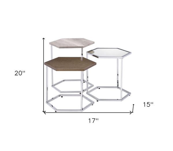 17 Chrome And Taupe Manufactured Wood And Metal Hexagon Nested Coffee Tables