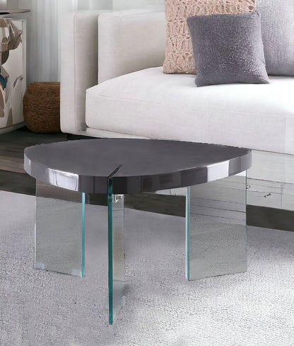 31" Clear Glass And Gray High Gloss Triangle Coffee Table