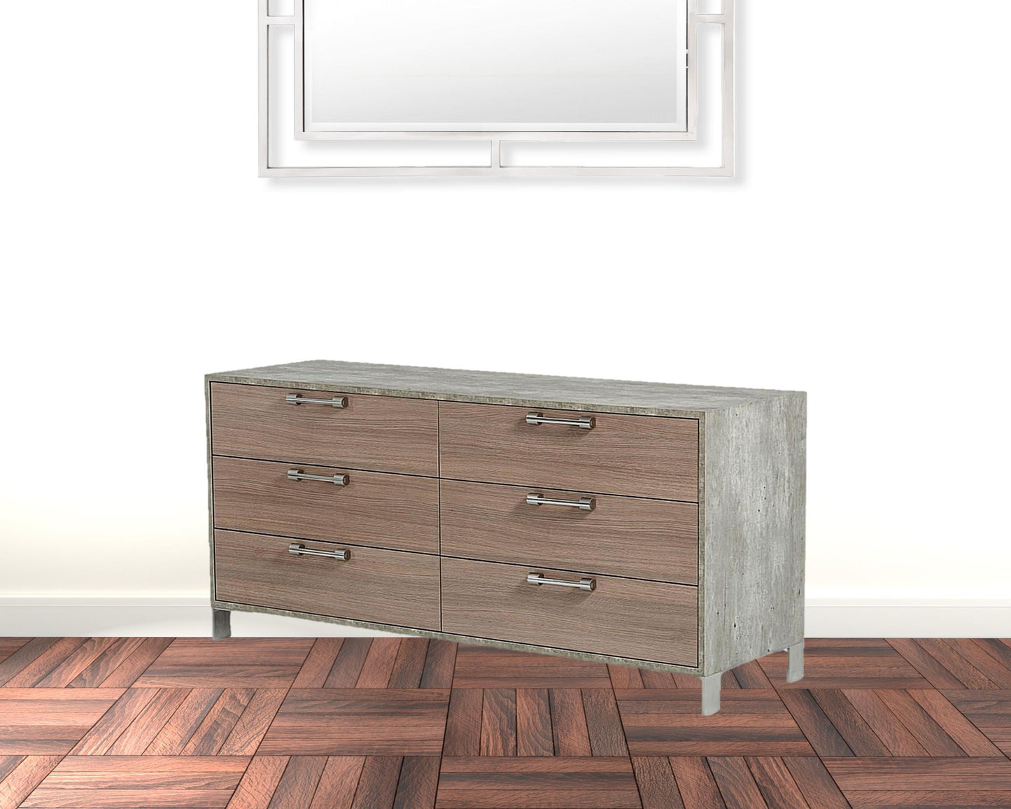 64" Brown Oak Grey Solid And Manufactured Wood Six Drawer Dresser