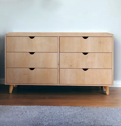 59" Natural Scoop Handle Six Drawer Double Dresser