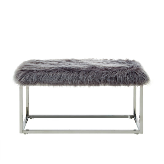 40" Gray And Silver Upholstered Faux Fur Bench