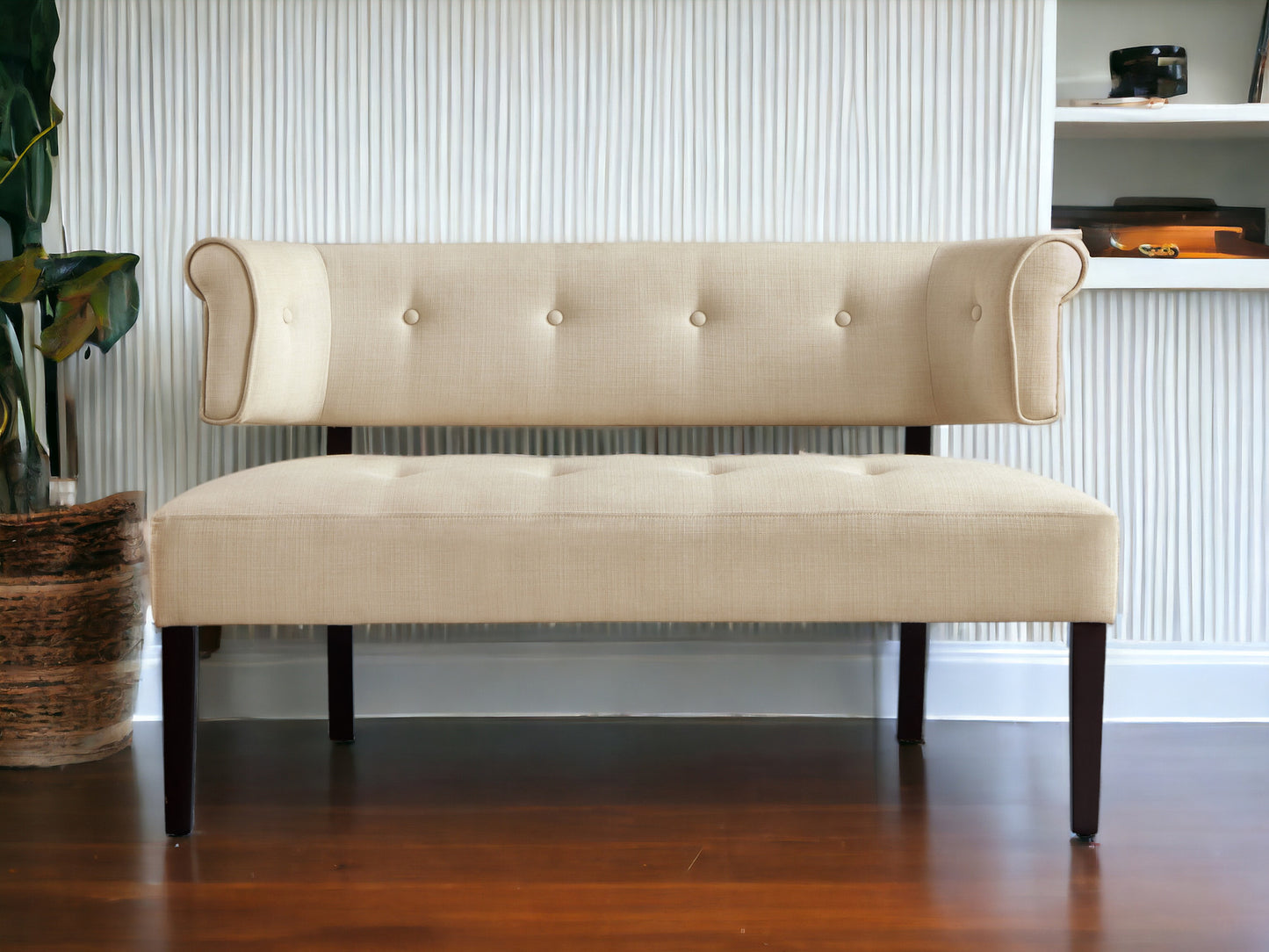 48" Beige and Dark Brown Upholstered Linen Bench