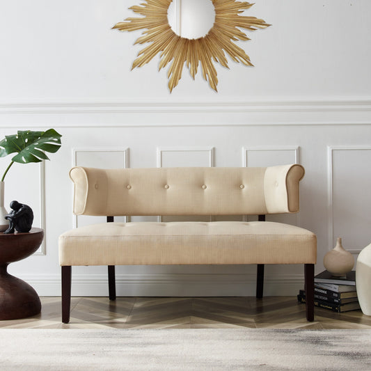 48" Beige and Dark Brown Upholstered Linen Bench