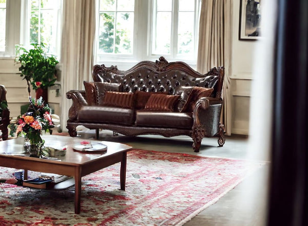 93 Brown Faux Leather Sofa And Toss Pillows With Cherry Blossom Pink Legs