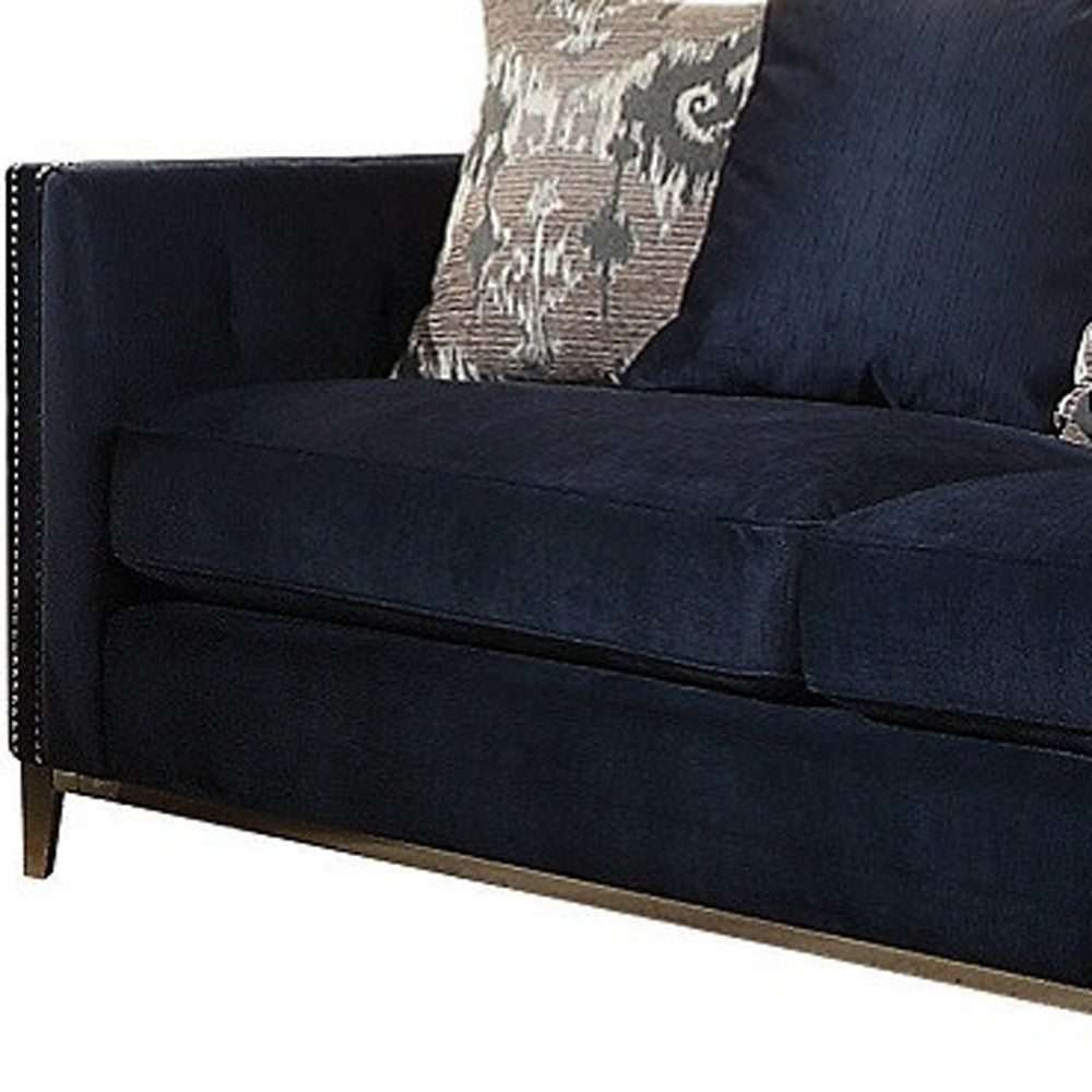 95" Blue Velvet Sofa And Toss Pillows With Silver Legs