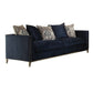 95" Blue Velvet Sofa And Toss Pillows With Silver Legs