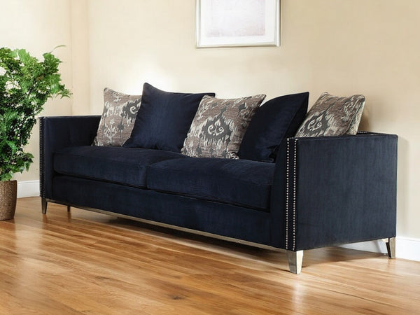 95 Blue Velvet Sofa And Toss Pillows With Silver Legs