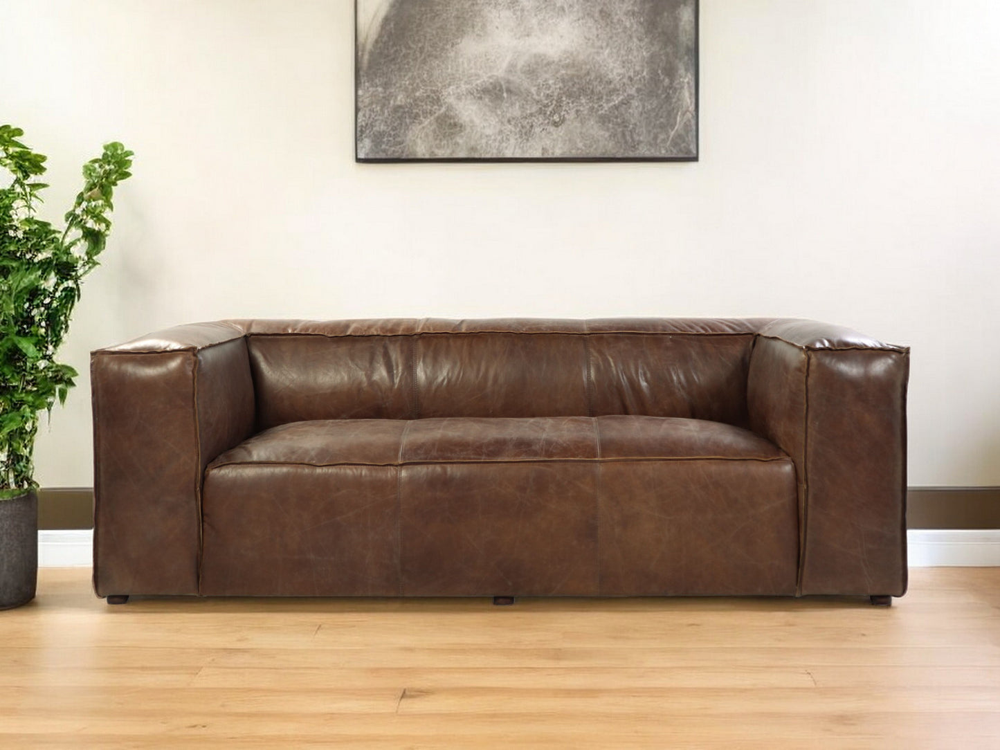 98" Brown Top Grain Leather Sofa With Black Legs