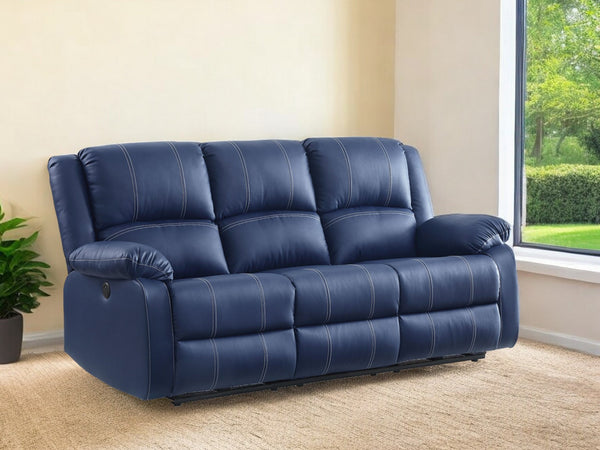 81 Blue Faux Leather Reclining USB Sofa With Black Legs