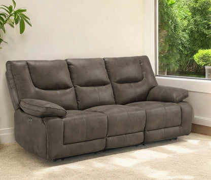 87" Gray Faux Leather Reclining USB Sofa With Black Legs