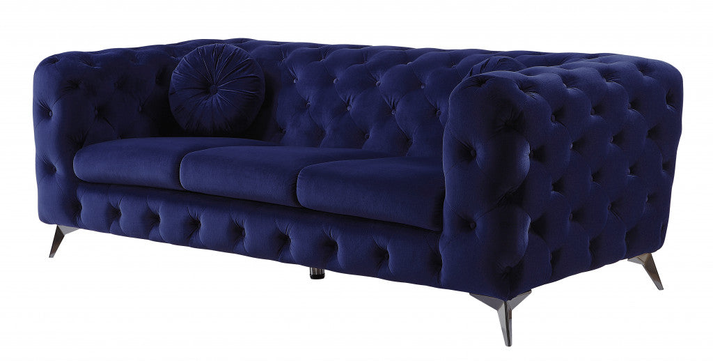 90" Blue Velvet Sofa With Silver Legs