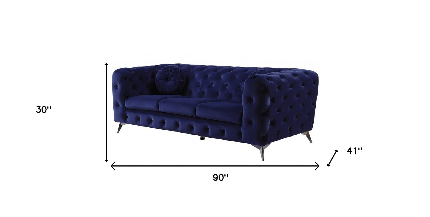 90" Blue Velvet Sofa With Silver Legs