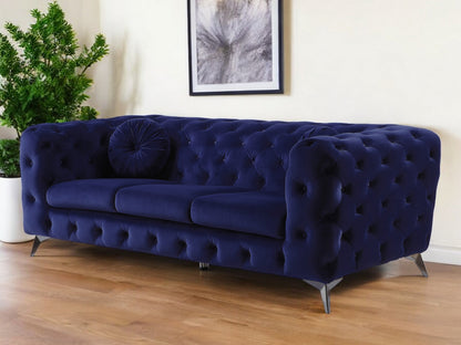 90" Blue Velvet Sofa With Silver Legs