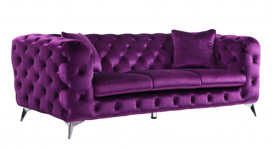 90" Purple Velvet Sofa With Silver Legs