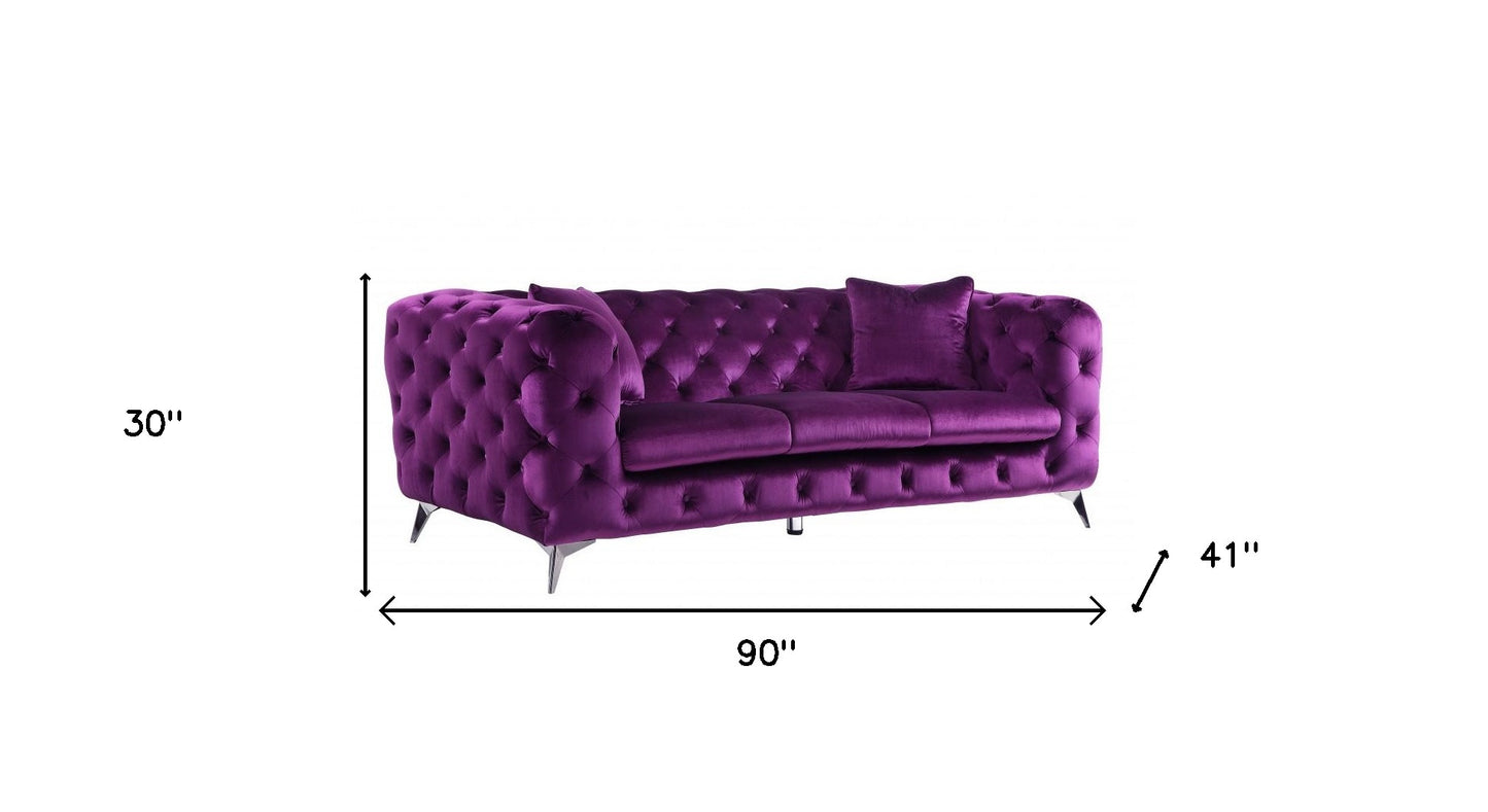 90" Purple Velvet Sofa With Silver Legs