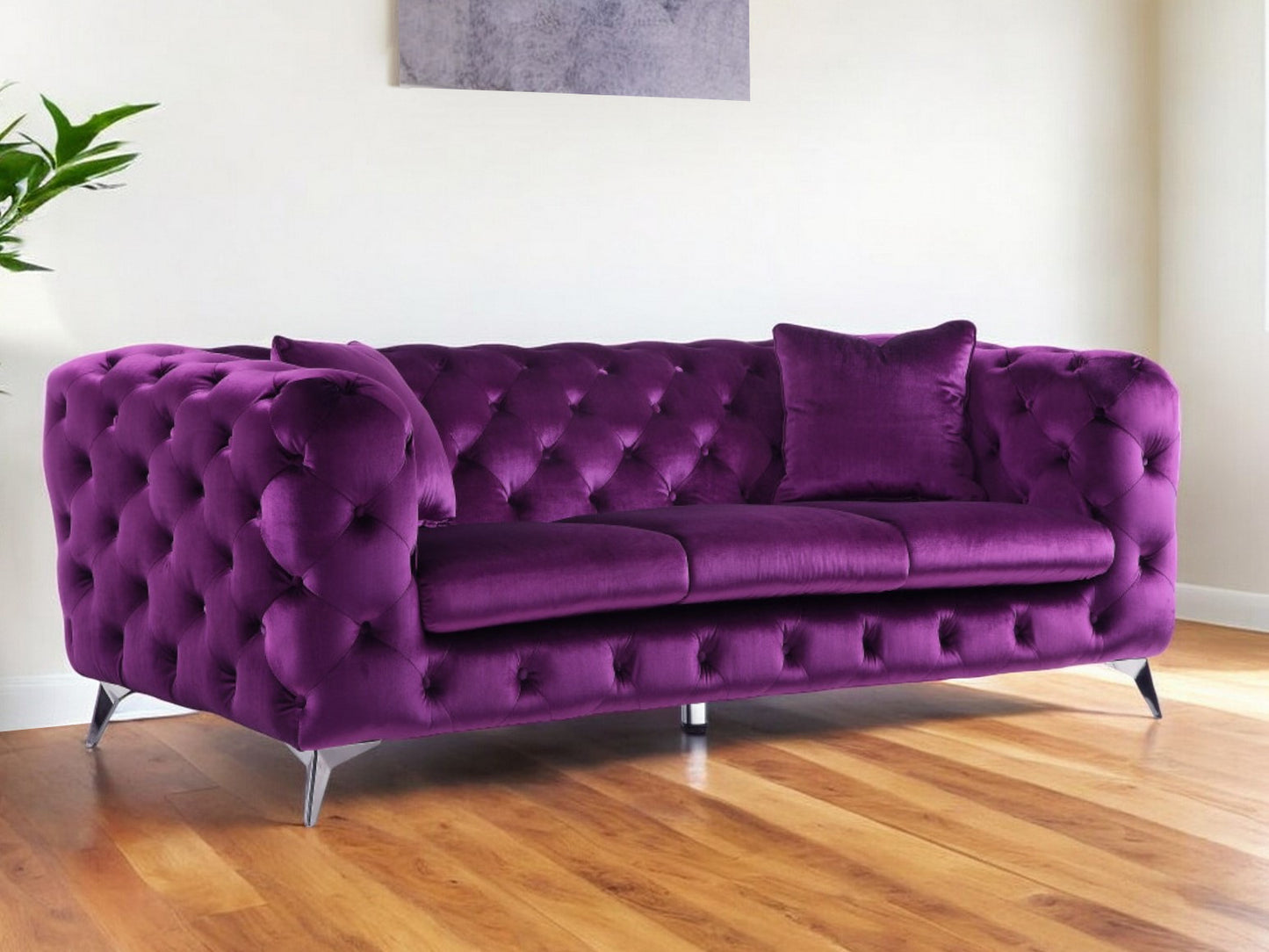 90" Purple Velvet Sofa With Silver Legs