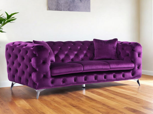 90 Purple Velvet Sofa With Silver Legs