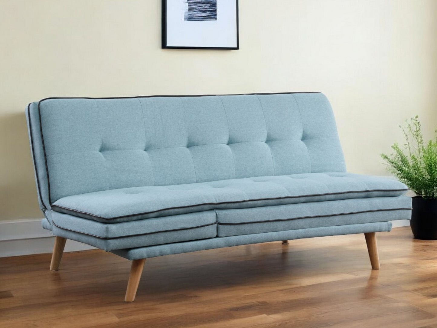 72" Blue Linen Sofa With Brown Legs