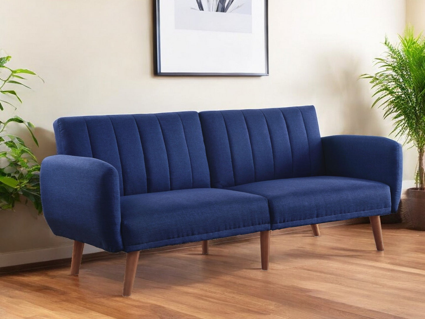 76" Blue Linen Sleeper Sofa With Wood Brown Legs