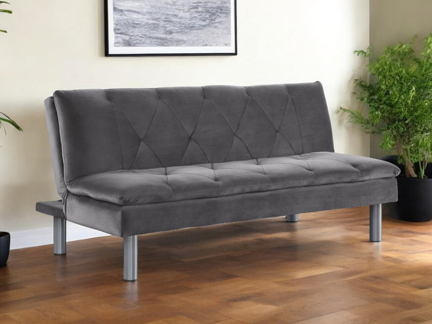 66" Gray Velvet Sleeper Sleeper Sofa With Silver Legs