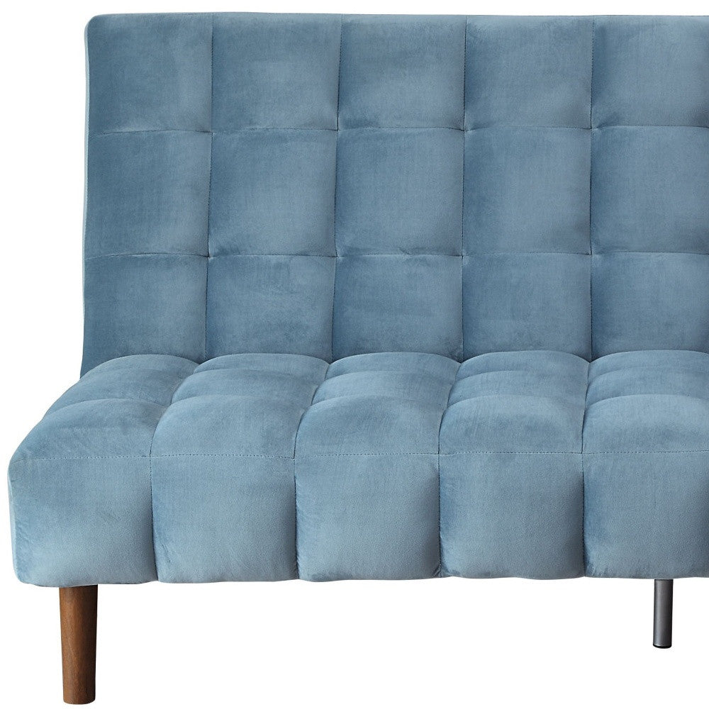 76" Teal Blue Velvet Sleeper Sofa With Wood Brown Legs