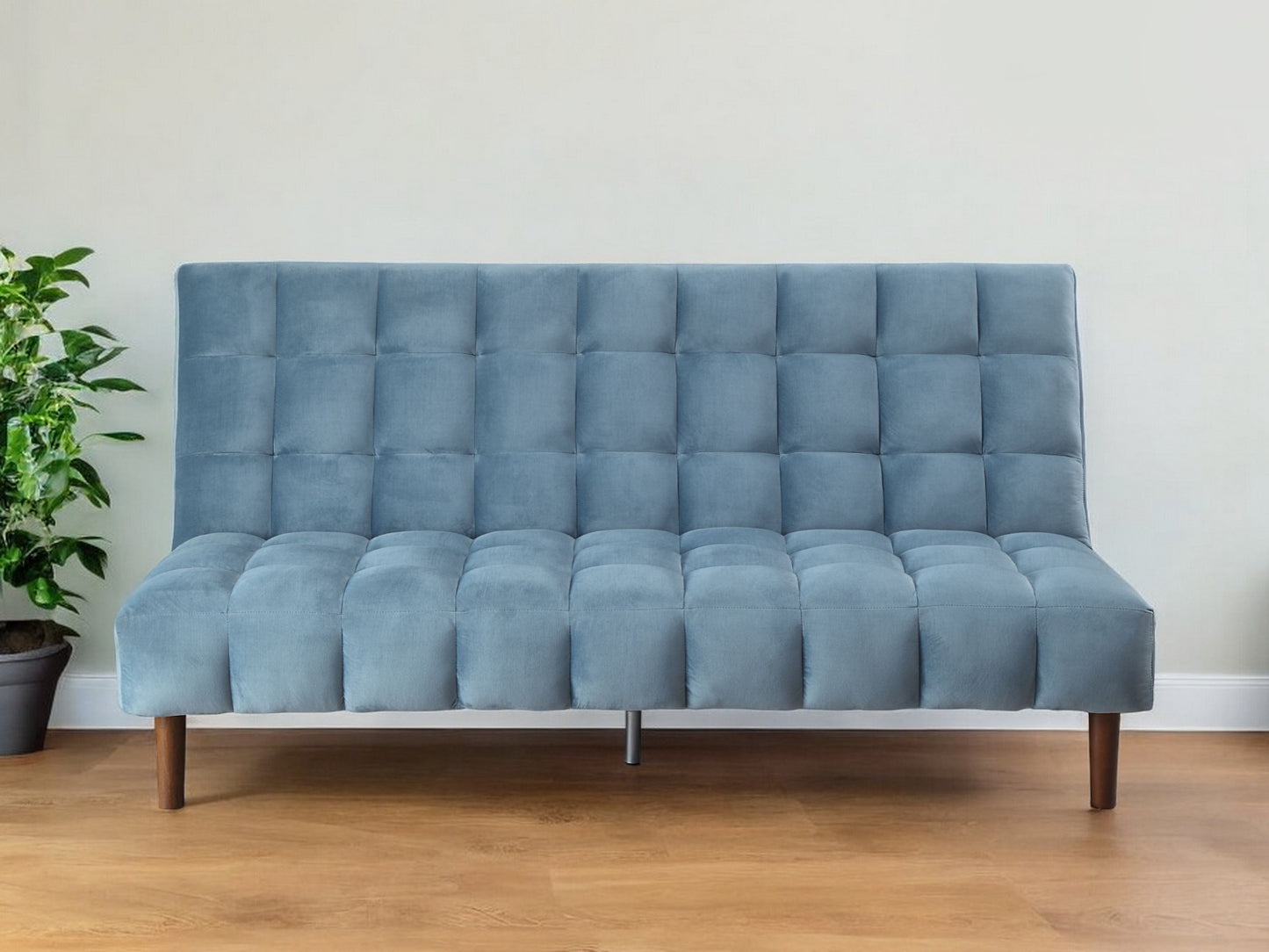 76" Teal Blue Velvet Sleeper Sofa With Wood Brown Legs