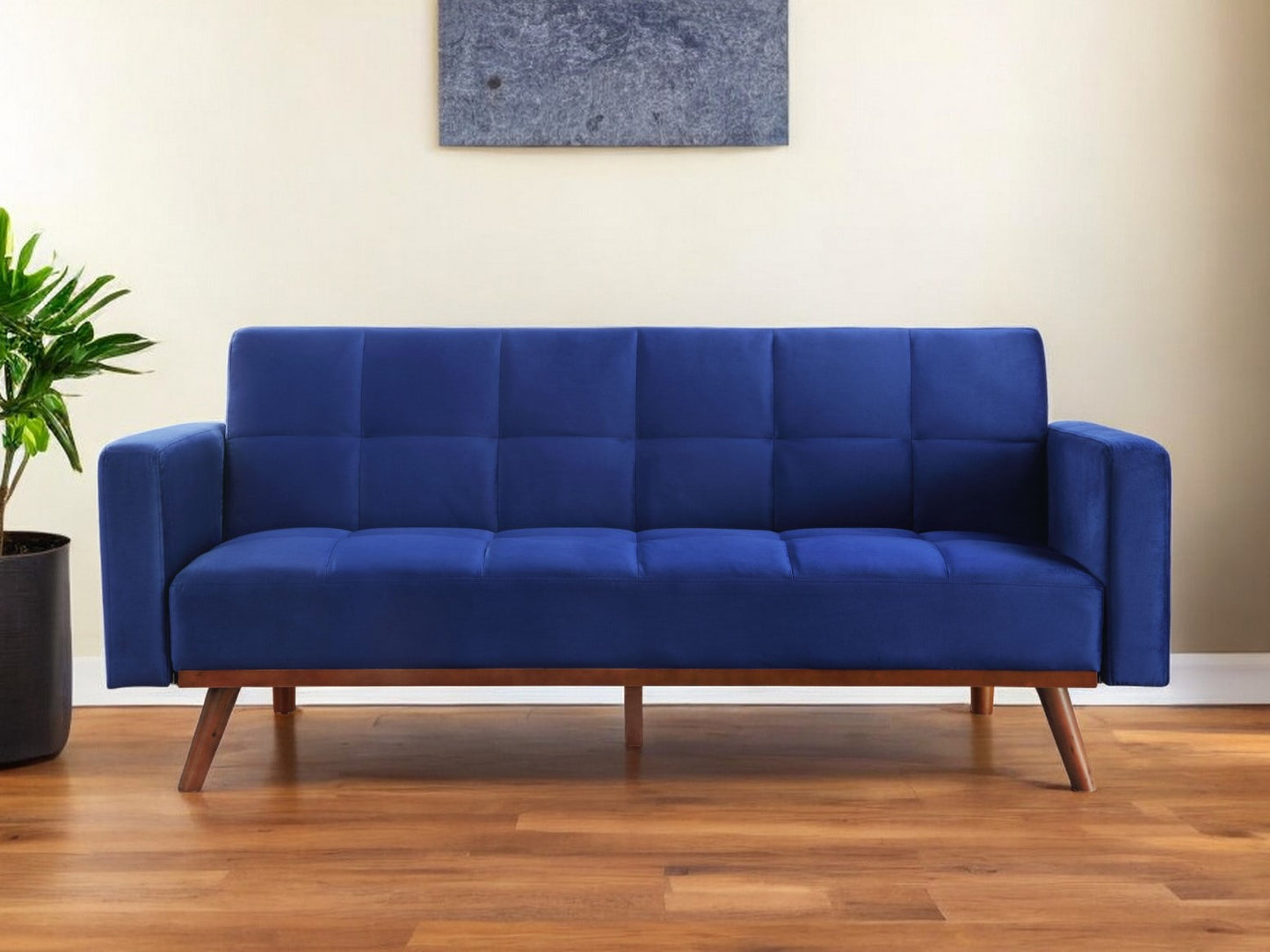 76" Blue Velvet Sleeper Sofa With Natural Legs