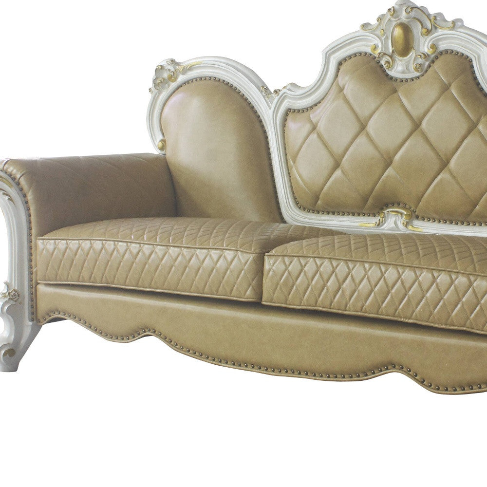 93" Golden Brown Faux Leather Sofa And Toss Pillows With Pearl Legs