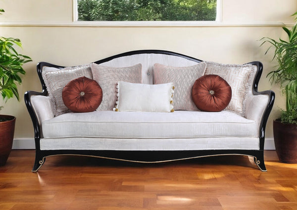 86 Beige Sofa And Toss Pillows With Black Legs