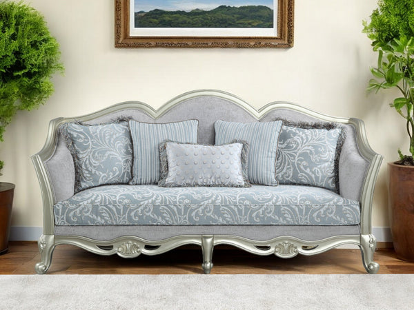 85 Light Gray Linen Damask Sofa And Toss Pillows With Champagne Legs