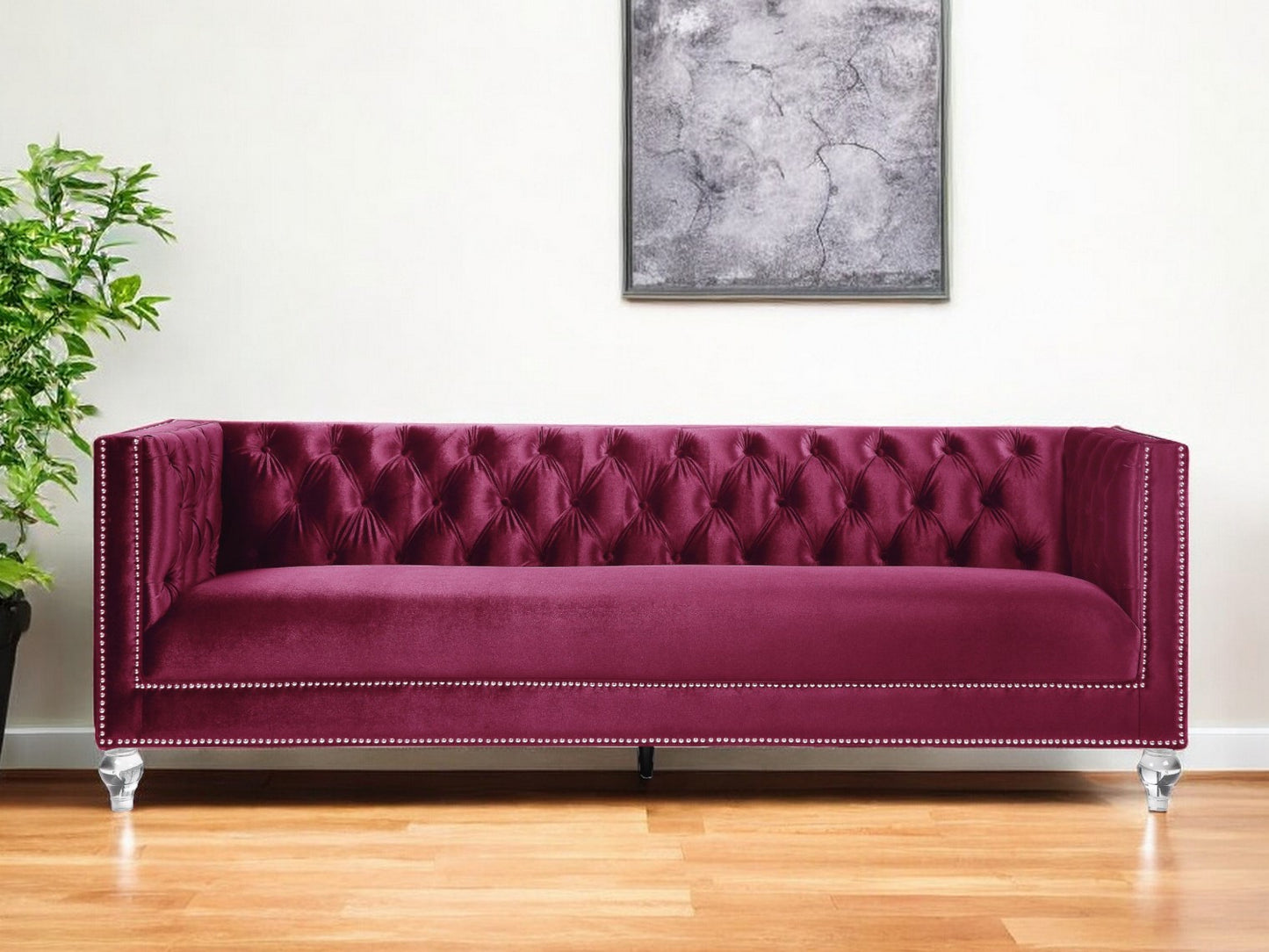 89" Burgundy Velvet Sofa And Toss Pillows With Black Legs