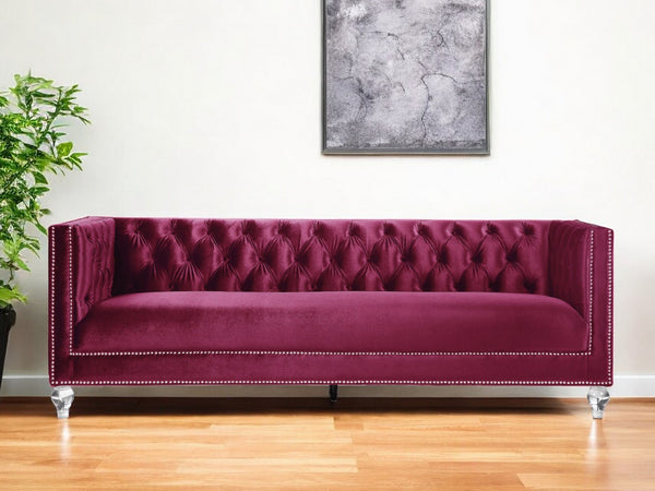 89 Burgundy Velvet Sofa And Toss Pillows With Black Legs