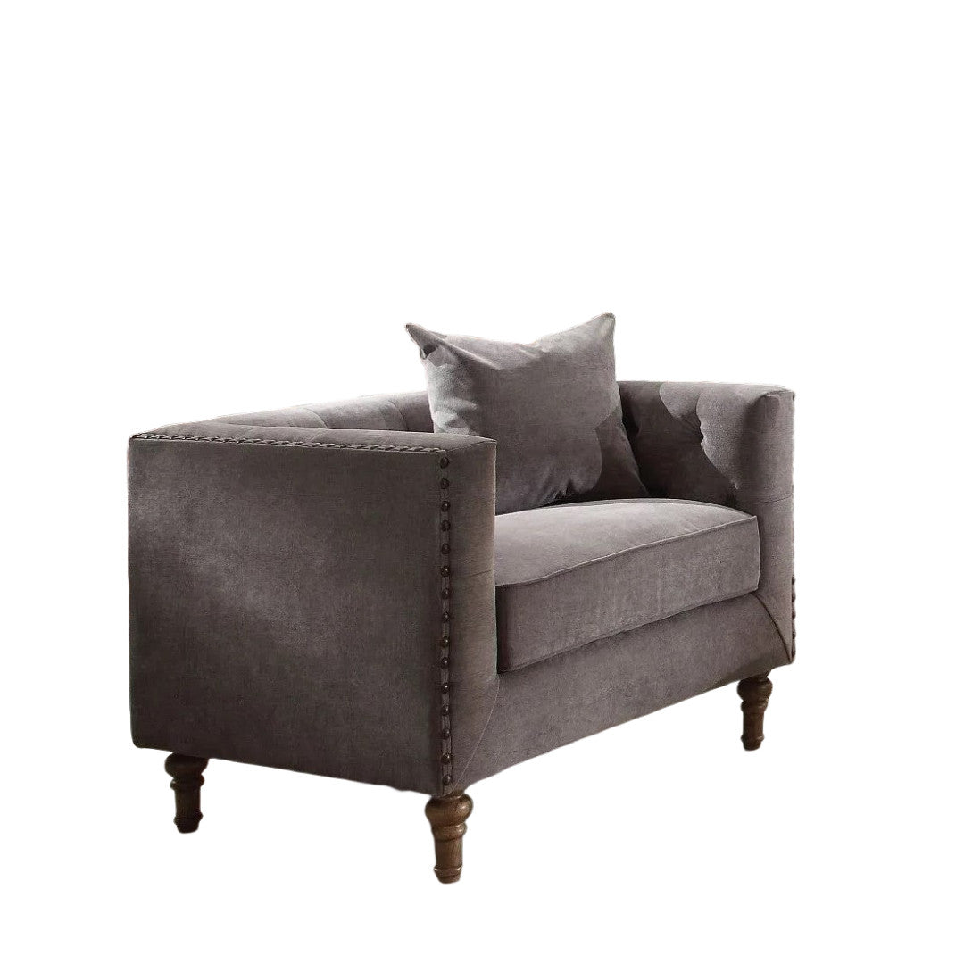 41" Gray And Brown Velvet Tufted Arm Chair