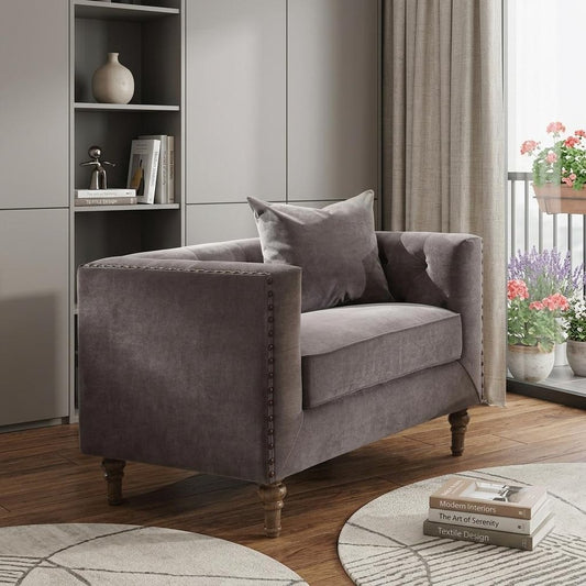41" Gray and Antiqued Brass Velvet Tufted Arm Chair And Toss Pillow