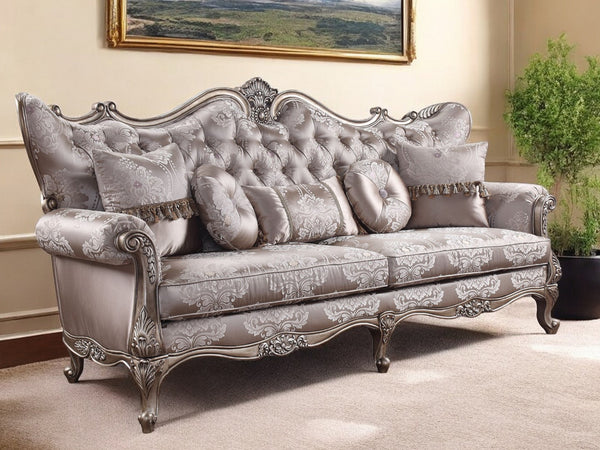 94 Dark Gray Imitation Silk Damask Sofa And Toss Pillows With Champagne Legs