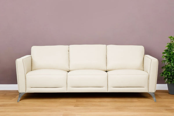 83 Cream Leather Sofa With Black Legs