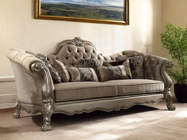 96 Bone Velvet Sofa And Toss Pillows With Gold Legs