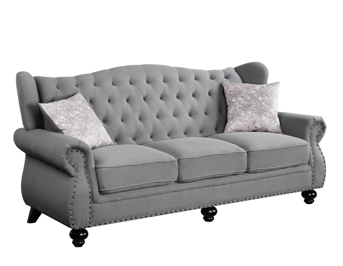 86" Gray Sofa And Toss Pillows With Black Legs