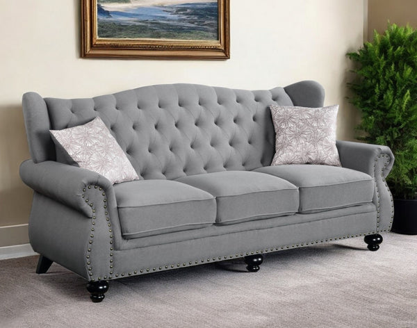 86 Gray Sofa And Toss Pillows With Black Legs