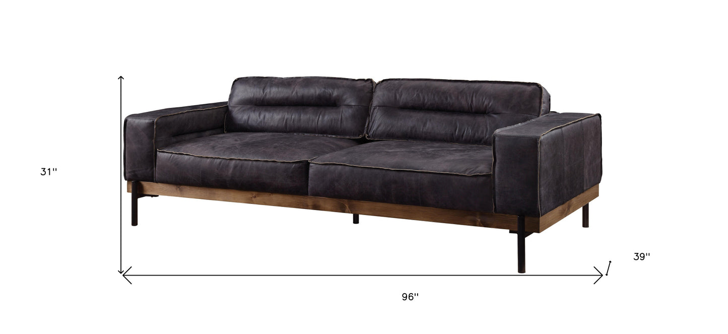 96" Ebony Top Grain Leather Sofa With Black Legs