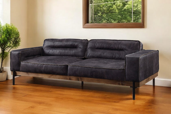 96 Ebony Top Grain Leather Sofa With Black Legs