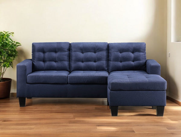 81 Blue Linen Sofa With Ottoman With Black Legs