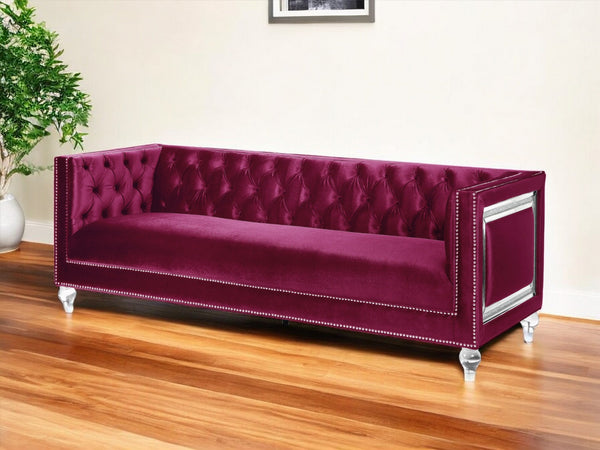 89 Burgundy Velvet Sofa And Toss Pillows With Clear Legs