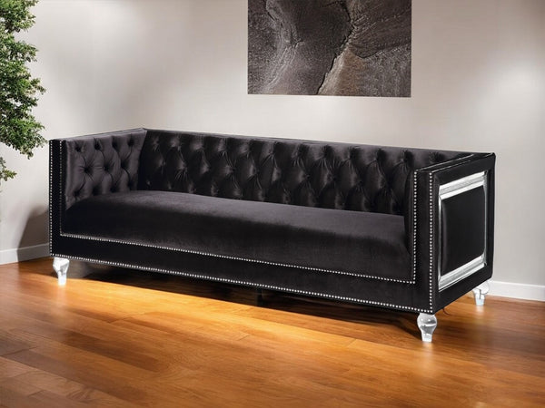 89 Black Velvet Sofa And Toss Pillows With Clear Legs