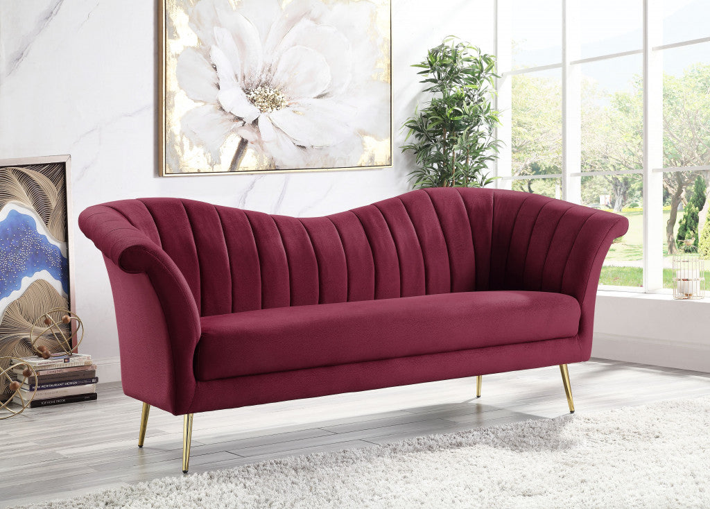 80" Red Velvet Sofa With Gold Legs