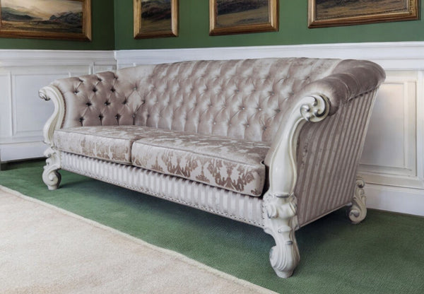 99 Ivory Velvet Damask Sofa And Toss Pillows With Bone Legs