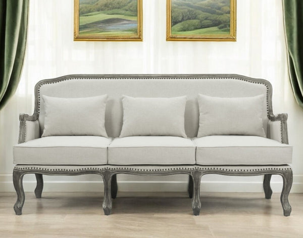 76 Cream Linen Sofa With Brown Legs