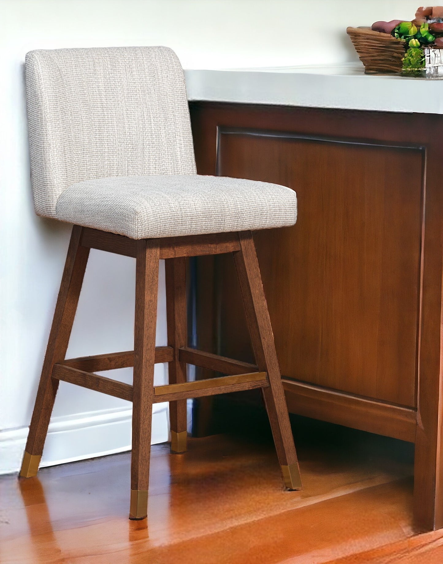 30" Beige And Brown Upholstered And Solid Wood Swivel Bar Height Bar Chair